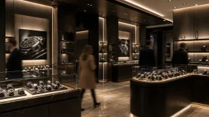 Interior de una tienda de relojes suiza, reflejo del crecimiento de las exportaciones suizas en junio 2026
