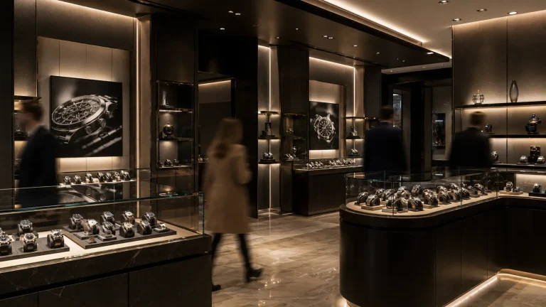 Interior de una tienda de relojes suiza, reflejo del crecimiento de las exportaciones suizas en junio 2026