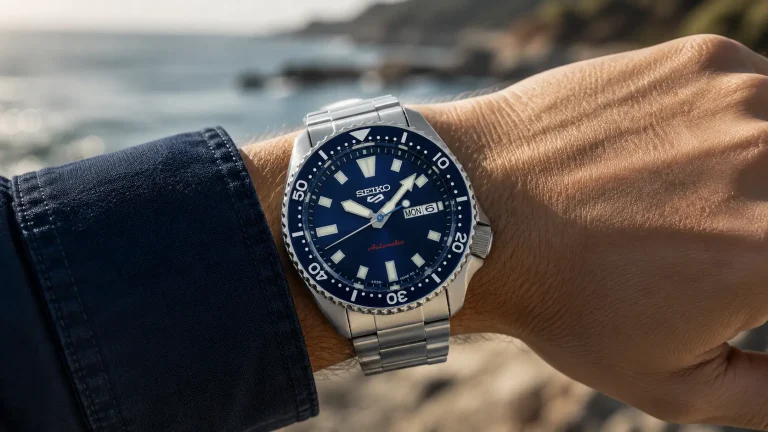 Seiko 5 Sports en la muñeca mostrando cómo el lug-to-lug afecta el ajuste del reloj