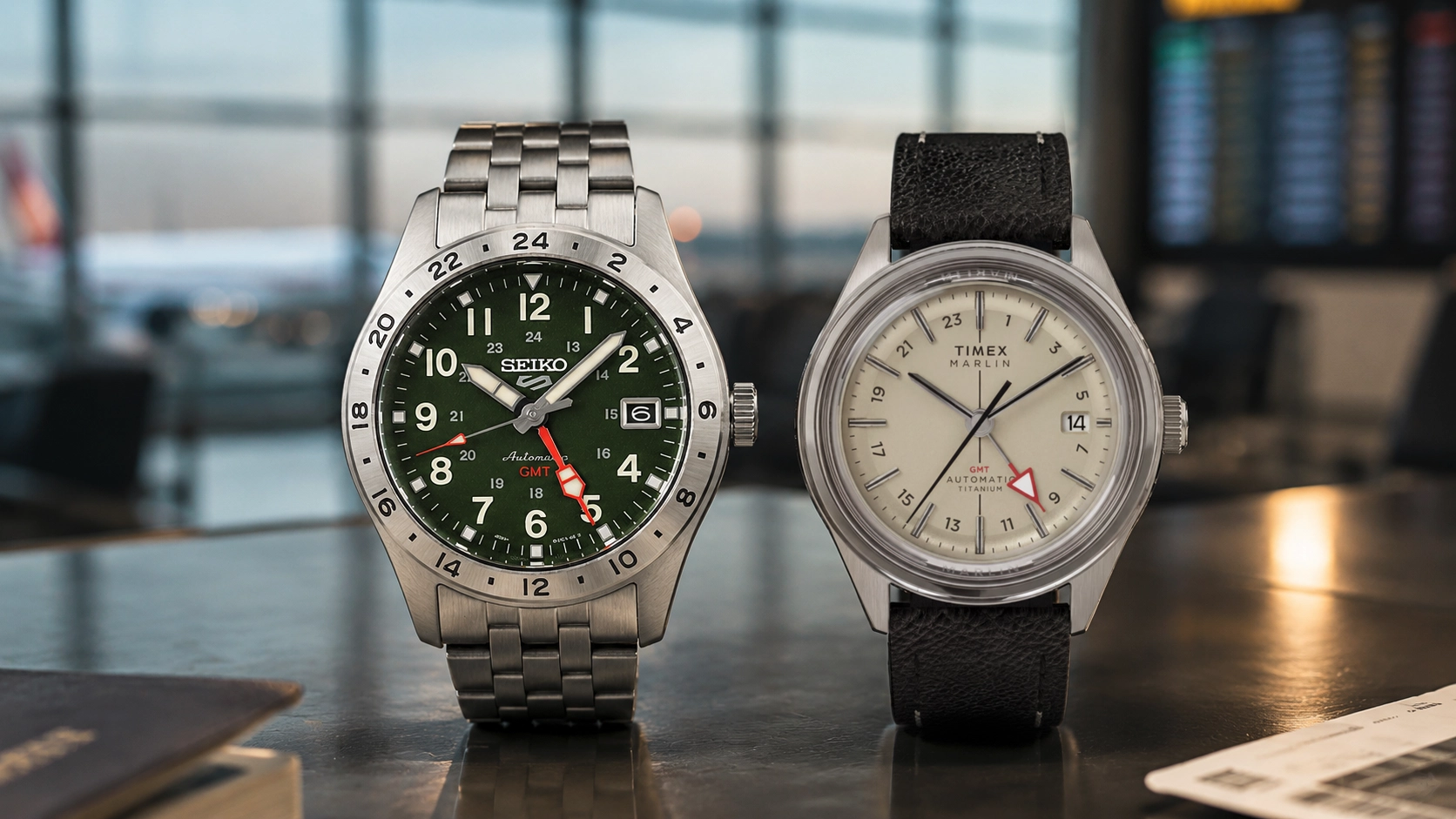 Seiko 5 Sports Field GMT HBD001 y Timex Marlin Jet Titanium Auto GMT, comparativa de relojes GMT bajo $600 USD